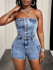 SHEIN PETITE Women's Single-Breasted Bandeau Cargo Pocket Denim Romper - Light Wash - View 3