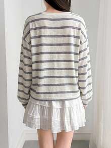 DAZY Women's Korean Style Minimalist Button Half-Placket Striped T-Shirt Fall - White - View 4