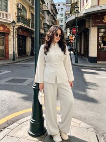 Modelyn Fall/ Elegant New Chinese Style Frog Button Stand Collar 2 Pieces Set Long Sleeve Top Minimalist Fashion Elegant Casual Outfit Dinner Formal White - Apricot - View 9