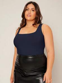 SHEIN BASICS 大尺碼挖領素色背心夏季上衣 - 藏蓝色 - 查看 6