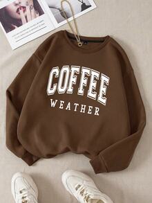 EMERY ROSE 大尺碼女款「Coffee Weather」字母印花休閒運動衫，秋季時尚服飾 - 巧克力棕 - 查看 3