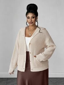 Maweii Plus Size Women's Hooded Button-Up Dual Pocket Casual Cardigan - Apricot - View 4
