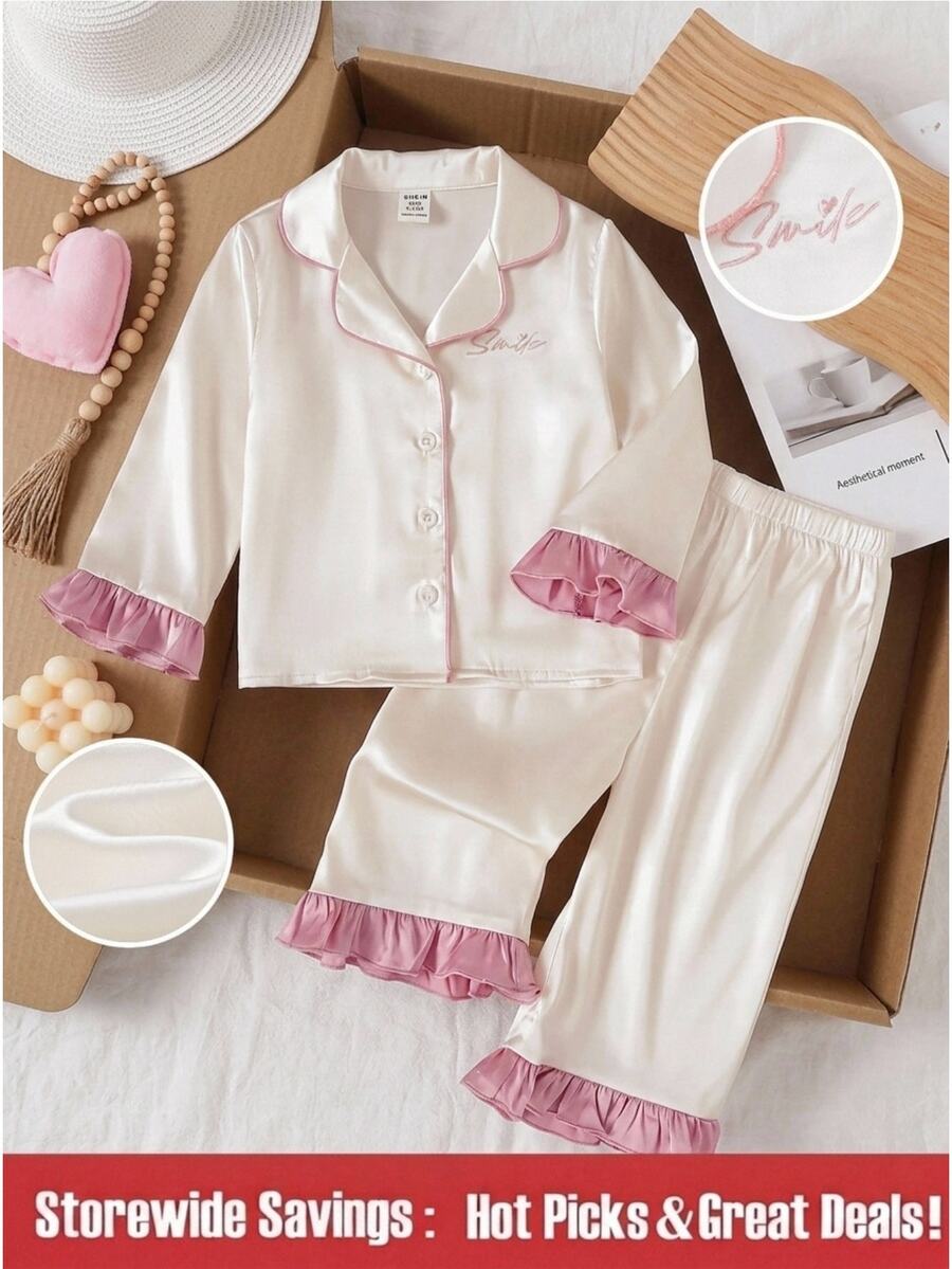 SHEIN 女嬰秋冬緞面杏色與粉色拼接甜美極簡刺繡圖案翻領鈕扣式荷葉邊長袖長褲舒適親膚針織睡衣套裝 2件組 - 杏色 - 查看 1