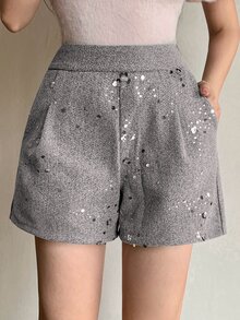 DAZY Women's Elegant Ruched Casual Shorts With Sequin Decor Vacation - Light Grey - View 6