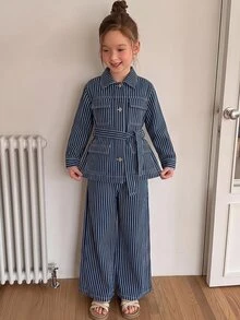 Dazy Kids Striped Lapel Loose Casual Autumn/Winter Jacket & Straight Leg Pants 2 Pieces Set Denim Outfit For Girls (Large) - Navy Blue - View 2