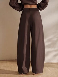 Anewsta Women's Summer Pleated High Waist Pocket Suit Pants Elegant Business Casual Commute Loose Wide Leg Pants - Coffee Brown - View 2