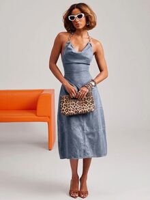 NYA SZN Denim Dress Knee Length Short Cowl Neck Sleeveless Halter Stretch Comfortable Brunch Going Out Date Night Patchwork Chic Cute Party Fall Winter - Light Wash - View 2