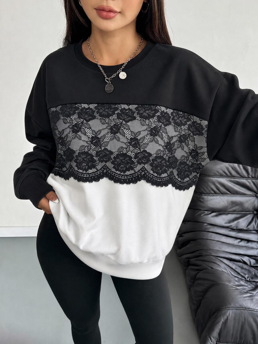 Modelyn 秋冬對比蕾絲圓領寬鬆落肩長袖上衣,小眾設計修身女款衛衣 - 彩色 - 查看 1