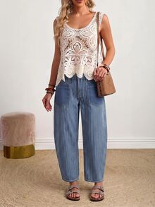 EMERY ROSE Plus Size Women's Pocket Design Striped Casual Loose Fit Denim Jeans - Dark Wash - View 6