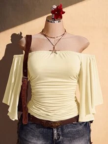 SHEIN ICON 女款大尺碼純色抓皺露肩上衣 - 淡黃色 - 查看 2