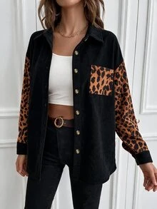 SHEIN LUNE Women's Black And White Leopard Print Colorblock Patchwork Shirt Vintage Casual Loose Drop Shoulder Lapel Single-Breasted Cardigan Top Fall - Multicolor - View 5