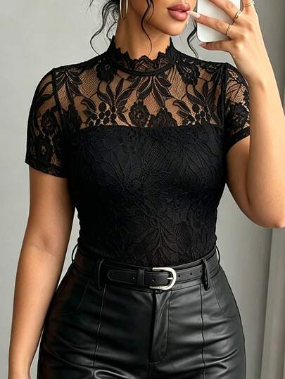 Cévolie Women's Elegant Lace Patchwork Stand Collar Slim Fit Short Sleeve Commuter Blouse