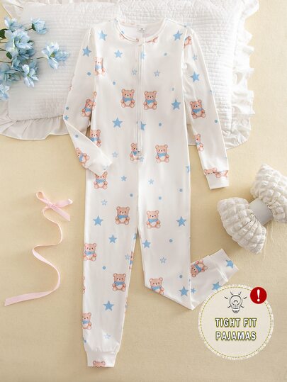 1-Piece Tween Girl Snug Fit Brown Bear & Blue Star Print Long Sleeve Nightgown Lightweight Soft Comfy Kawaii Autumn/Winter Sleepwear