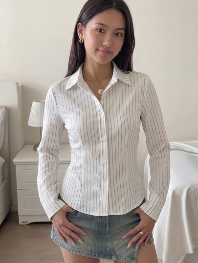 Teen Girls Blouses White, Slim Fit, Curved Hem, Textured Shirt, Striped Shirt, School Shirt, White Shirt, All-Match Versatile Shirt, Girl Shirt, Suitable For Teenagers