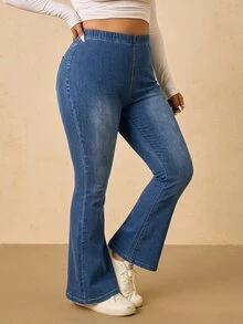 SHEIN MOD Plus Size Women's Elastic Waist Casual Versatile Flare Jeans - Medium Wash - View 1