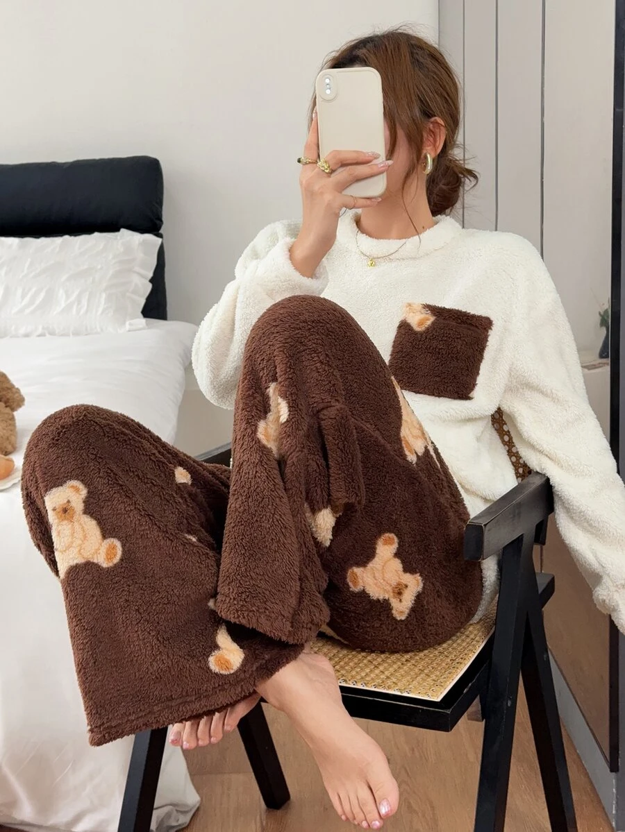 Napfluff Women's Casual Plush Teddy Bear Print Long Sleeve Pullover Pants Pajama Set - Multicolor - View 1