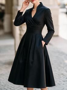SHEIN Vintage Elegant Daily Commute Banquet Notched V-Neck Cinched Waist Long Sleeve Satin Midi Dress For Women - Black - View 4
