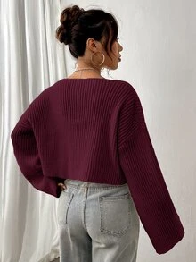 SHEIN Unity 女款純色不對稱肩休閒日常長袖針織衫 - 紅色 - 查看 2