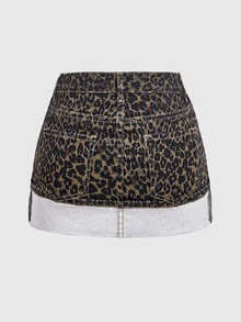 SHEIN MOD 女款豹紋不對稱腰頭休閒牛仔裙，附口袋 - 彩色 - 查看 2