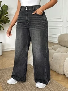 SHEIN MOD Plus Size Casual Washed Straight Leg Jeans - Black - View 4