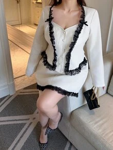 Vibekara Plus Size Elegant Elegant Contrast Color Lace Trim Jacket & Skirt Set Fall - White - View 5