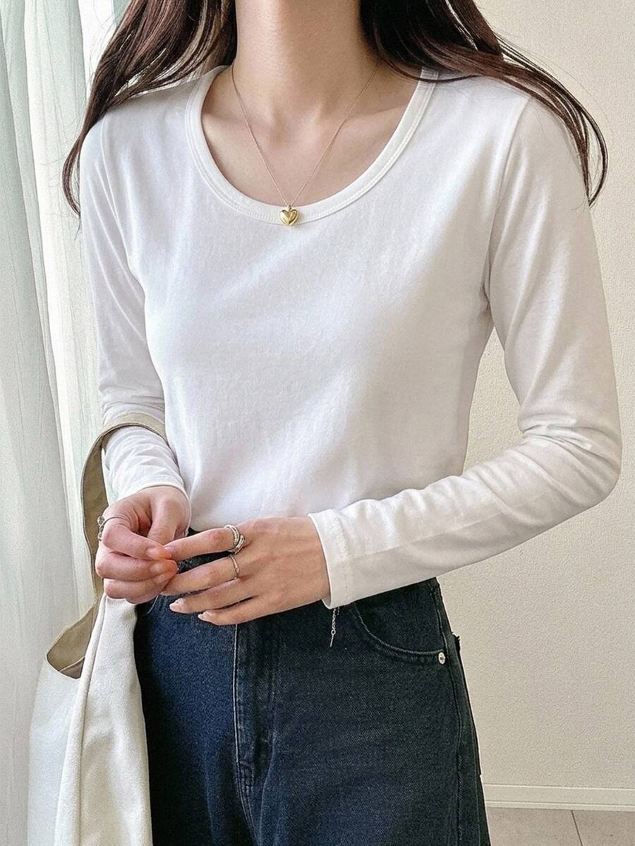 DAZY Women's Round Neck Solid Color Basic White Short Sleeve T-Shirt Spring Summer - White - View 1