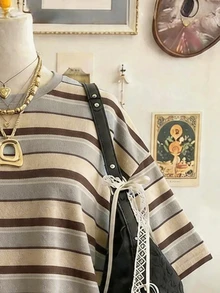 Lalippa 條紋數位印花時尚極簡風女款大尺碼長版圓領落肩T恤，送友禮物 - 彩色 - 查看 3