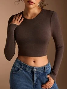 SHEIN BASICS 女款純色圓領長袖短版修身T恤 - 棕色 - 查看 4