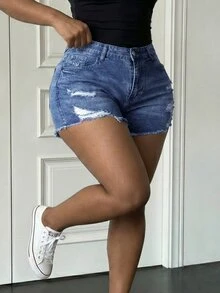 SHEIN ICON Plus Size Women's Casual Daily Denim Shorts With Pockets, Buttons And Distressed Design - Dark Wash - View 4