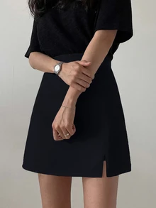 DAZY Women's Casual Versatile Solid Color High Waist Skirt - Black - View 2