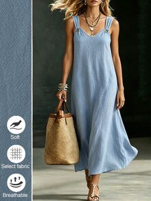 Linhara CURVE Gaun Eyelet Fashion Ukuran Plus untuk Liburan Pantai - Biru - View 8