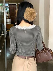 DAZY Women's Lace Patchwork Asymmetric Shoulder Striped Casual Daily Long Sleeve T-Shirt Fall - Grey - View 3