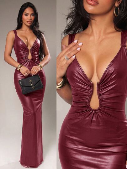 Radiana Wanita Seksi Elegan Burgundy High Elastic PU Mermaid Dress, Slim Fit, N-Neck, Panjang, Spaghetti Strap, Backless, Date Night Out Club, Pesta Musim Dingin