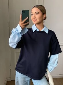 DAZY Women's Loose Letter Print 2 In 1 Long Sleeve Collared Casual Streetwear Vacation Sweatshirt, Spring/Autumn - Blue - View 2