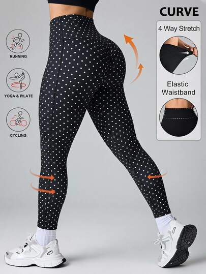 SHEIN Sports Women's Plus Size Sports Leggings & Long Pants, Black & White Polka Dot Print, Yoga, Fitness, Workout, Running