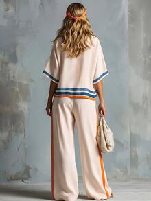 LUMIGAL Women's Colorblock Top And Pants Casual Daily 2 Pieces Set - Apricot - View 2
