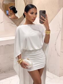 Slaydiva Wedding Guest Cocktail Birthday Formal Dinner Party Dress, Ruched Fitted White Elastic Satin Short Dress With Shawl - A - White - View 5