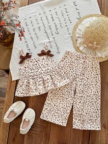 SHEIN 女童圓點編織細肩帶上衣與長褲兩件套 - 紅色 - 查看 3