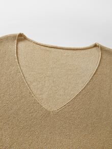 SHEIN Champagne Gold Glitter V-Neck Long Sleeve Knit Sweater For Women - Khaki - View 7