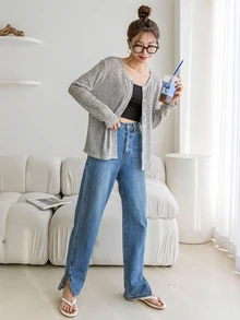 DAZY Atasan Lengan Panjang Wanita Warna Polos Kasual Serbaguna untuk Pemakaian Sehari-hari di Musim Gugur - Light Grey - View 5