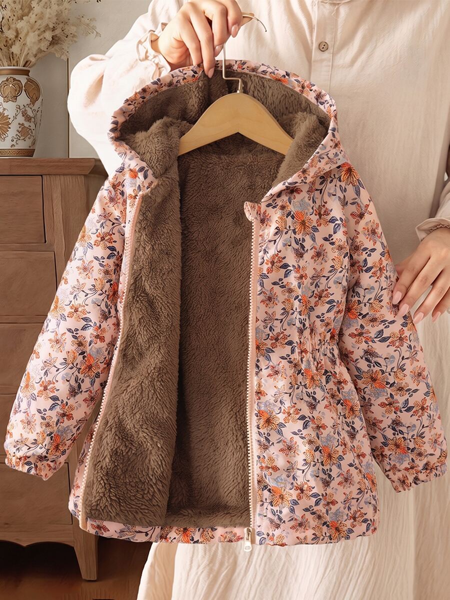 SHEIN Elladie kids 1件女童2025冬季新款復古卡其色花卉保暖內裡拉鍊連帽外套,彈性腰部設計,加厚保暖時尚戶外通勤百搭防寒夾克 - 粉色 - 查看 1