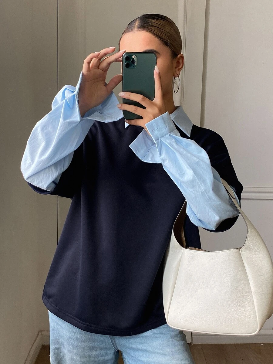 DAZY Women's Loose Letter Print 2 In 1 Long Sleeve Collared Casual Streetwear Vacation Sweatshirt, Spring/Autumn - Blue - View 1