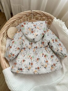 SHEIN 女嬰花卉可愛秋冬百搭保暖內裡連帽夾克 - 綠色 - 查看 2