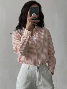 Livesso 女款寬鬆休閒條紋襯衫，輕商務通勤風，秋季款 - 橘色 - 查看 2