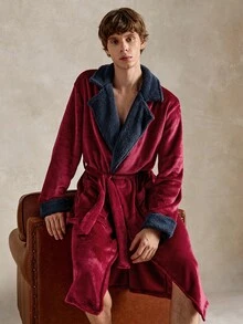 EverLounge Autumn/Winter Colorblock Patchwork Plush Lapel Men's Robe, Warm And Comfortable Home Bathrobe - Multicolor - View 1