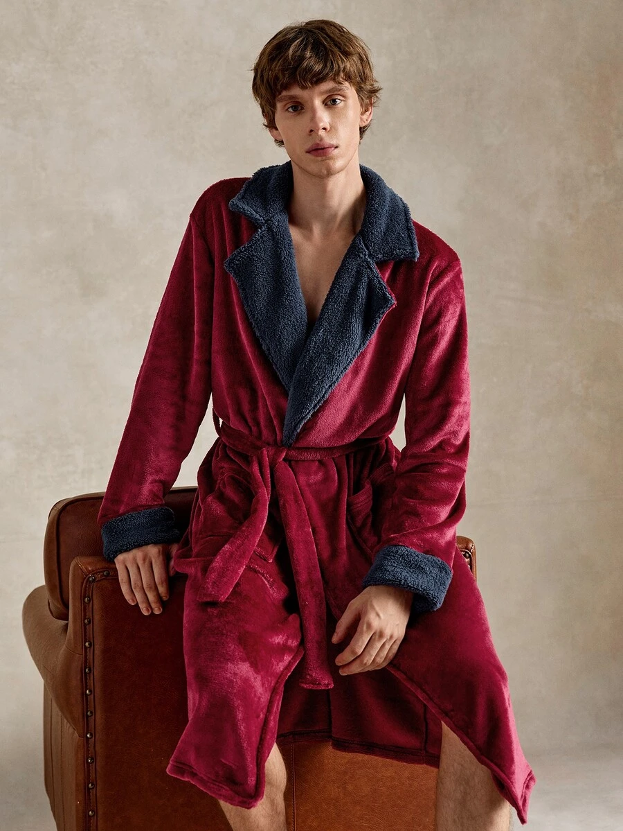 EverLounge Autumn/Winter Colorblock Patchwork Plush Lapel Men's Robe, Warm And Comfortable Home Bathrobe - Multicolor - View 1