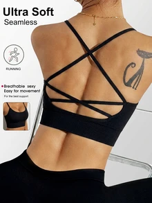 SHEIN Sovereign Charm 肩帶露背休閒極簡運動內衣，適合健身 - 黑色 - 查看 1