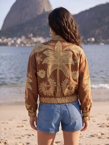 CAJUNI Jaket Lengan Panjang Kasual Motif Bunga untuk Wanita, Cocok untuk Sehari-hari - Coklat - View 2