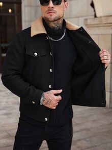 Manfinity Homme English:2026 Spring Summer Men's Black Wool‑Blend Trucker Jacket, Regular‑Fit Coat With Khaki Shearl - Black - View 4