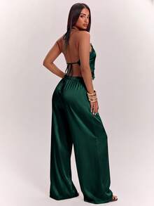 SHEIN BAE Summer Sexy Backless Halter Top And Long Pants Set - Dark Green - View 2
